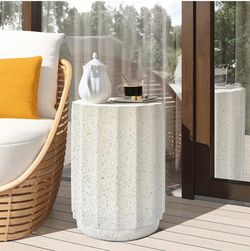 LuxenHome 18" Cement Outdoor Side Table, Cream Outdoor End Tables for Patio Unique Outdoor Accent Table, Premium Materials, Garden Stool, Plant Table