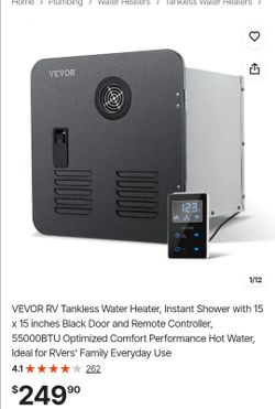 VEVOR RV Tankless Water Heater, Instant Shower with 15 x 15 inches Black Door and Remote Controller, 55000BTU Optimized Comfort Performance Hot Water,