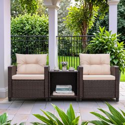 New Heavy Duty 3-Piece Patio Furniture Set, Outdoor PE Rattan Conversation Chair Set with Tempered Glass Side Table and Removable Cushions, Wicker Cha