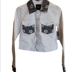 Juicy Couture White Denim Cropped Jacket With Rhinestones Women's Size XS 