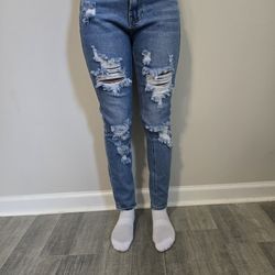 Womens Size 0 Almost Famous Skinny Stylish Distressed High-waisted Ripped Blue Jeans