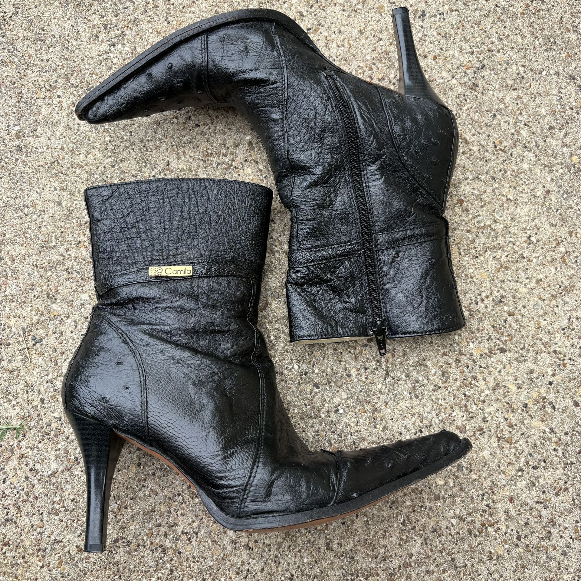 Leather pointed toe heeled ankle boots stiletto western black cowgirl 8.5 / 25.5