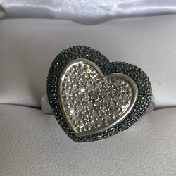 Sterling Silver ~1/2CTW Blue & White Diamond Heart Ring Size 8