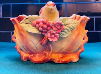 Stunning antique Lipper & Mann adorable bird majolica planter