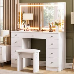  Vanity with Mirror and Lights - Vanity Desk with Power Outlet and 9 Drawers, 3 Color Lighting Modes, Adjustable Brightness, Makeup Vanity with S