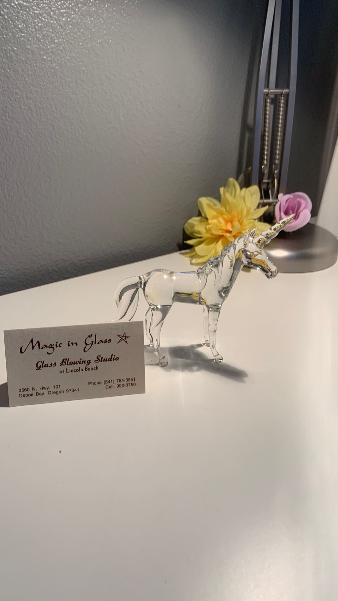 Hand blown glass unicorn by David Featherstone.