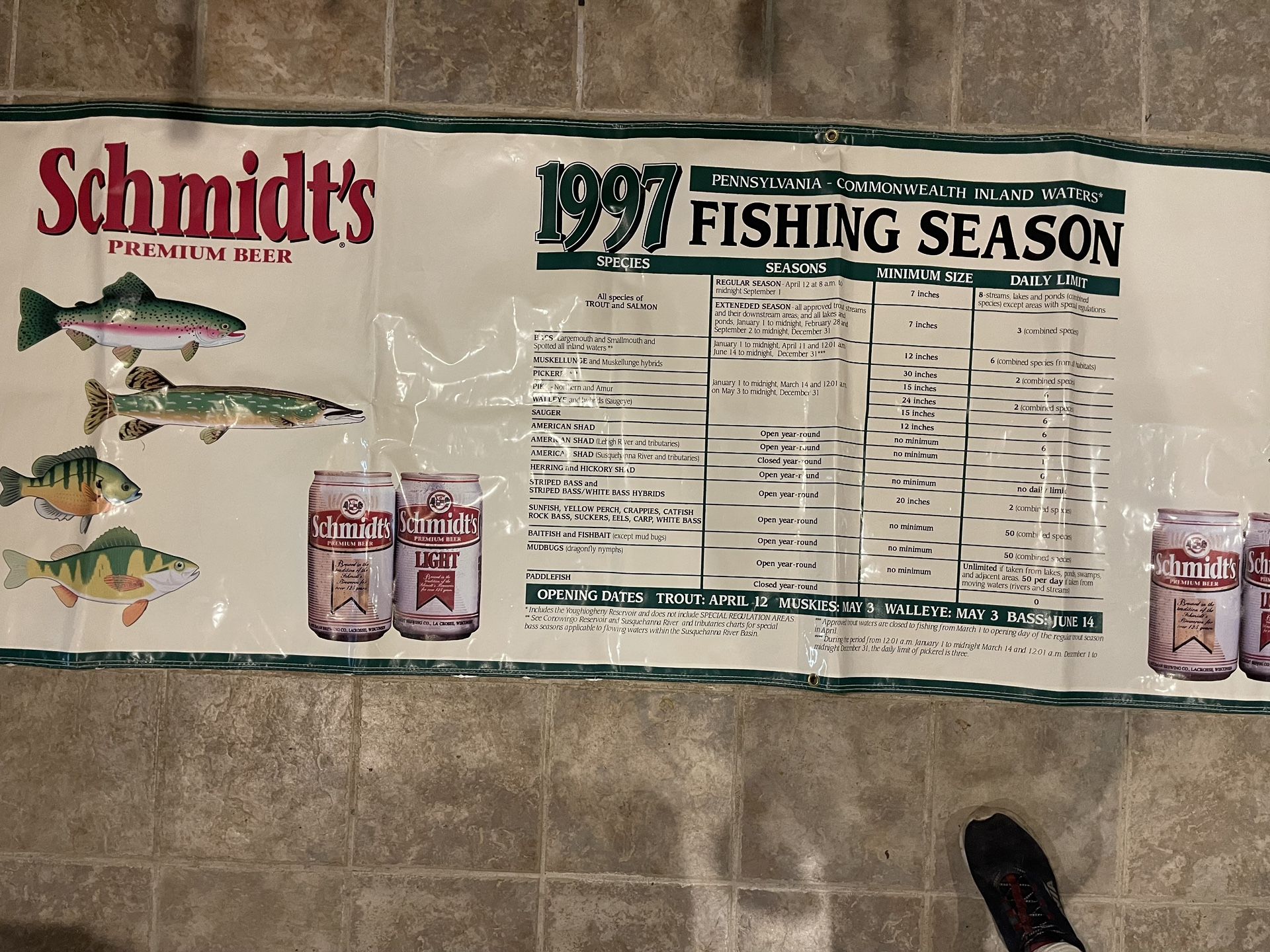 Schmidts Beer 1997 Fishing Banner 9’ 6” Long. Nice Collectible. You Must Pickup