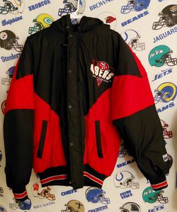 Vintage Vntg 1990s Logo 7 San Francisco 49ers Forty Niners NFL Football Puffer Jacket Rain Coat