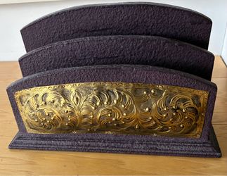 Napkin/File Holder, Mango Wood, Made in Thailand, 9”wideX4” deepX 5” tall.