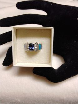 Blue Sapphire 925 Sterling Silver Ring With Australian Opal Inlay 