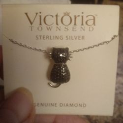 .925 Sterling Silver & Black Diamond Cat Necklace