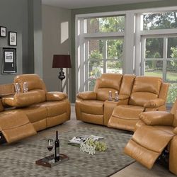 Carmel Brown Leather Fully Reclining Three Piece Couch Set