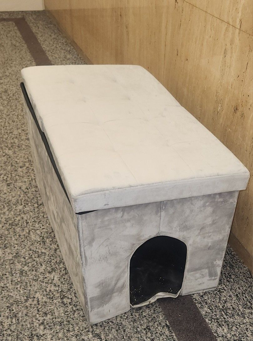Hidden Cat Litter Box Furniture - Footstool Enclosure for All Cat Sizes, Modern Gray