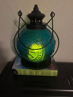 Teal Glass Decorative Lantern with Metal Frame