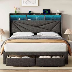 LED King Size Bed Frame with 2 Storage Drawers, Upholstered King Bed Frame with Headboard and Charging Station, No Box Spring Needed, Easy to Assembly