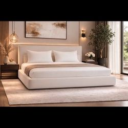 King Bed Frame with Headboard, Cloud Upholstered Platform Bed Frame, 5 Inch Foam Cushioned, No Box Spring, Easy Assembly(Beige Chenille