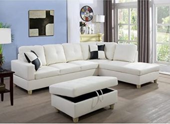 White Faux Leather 3 Seater Sectional Sofa With Ottoman 