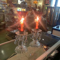 6x15 vintage cranberry and crystal matching lamps. 85.00.  Johanna at Antiques and More. Located at 316b Main Street Buda. Antiques vintage retro furn