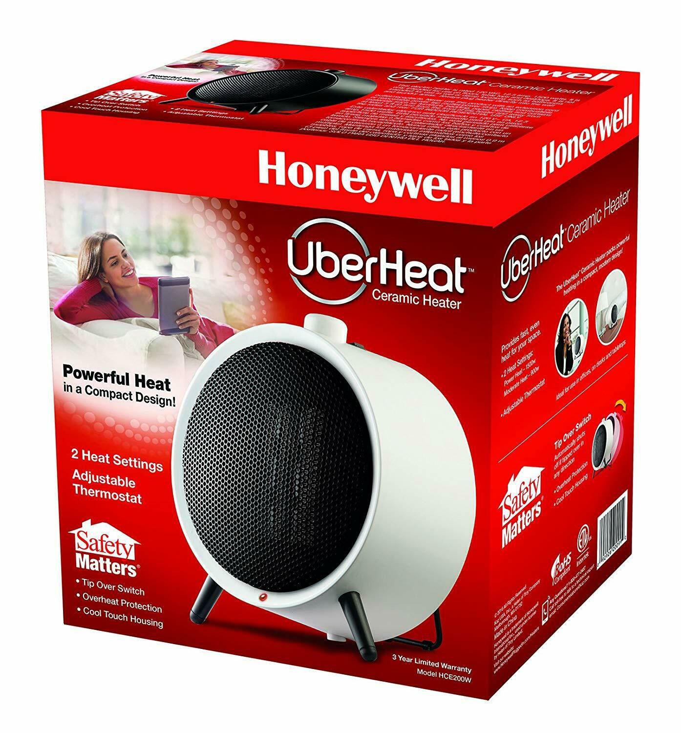 Honeywell HCE200W Uberheat Ceramic Heater White,Adjustable Thermostat,2 Setting