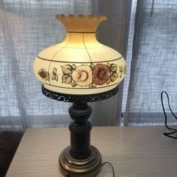 Vintage Floral Table Lamp Reverse Painted Large Glass Shade, Wooden Base, 23”