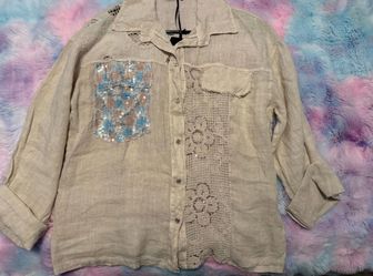 Top Crochet Flower 3/4 Sleeve - Gray/Beige