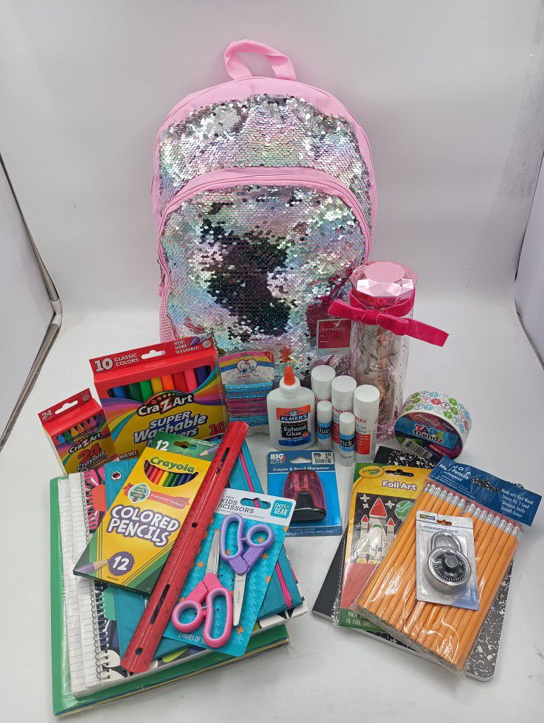 Girls Large Sparkly Pink Book Bag, Tumbler & School Supplies Bundle.