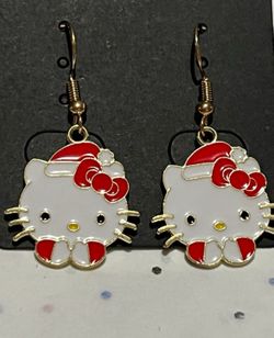 New Enamel Gold Toned Kitty Cat with Santa Hat - Hook Earrings 1x1