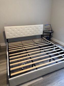 White Tufted Upholstered Bed Frame with Storage