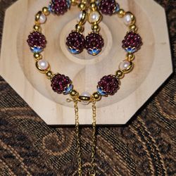 Freshwater Pearl, Indian garnet Enameled Stretch Bracelet and Earrings in Stainless Steel 53.50 ctw Pulsera 