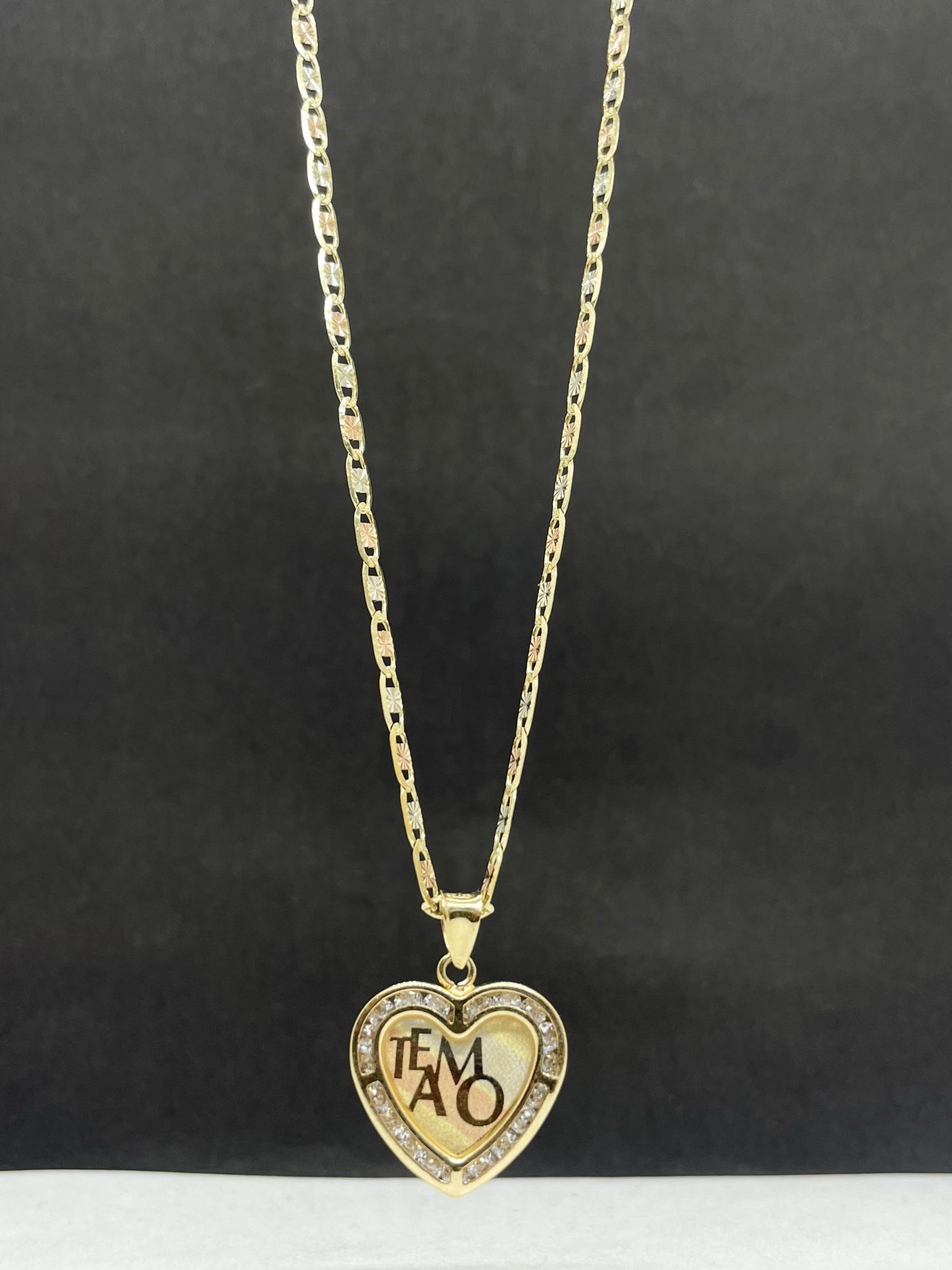 14k solid three gold Valentina chain and Heart (Teamo) charm , necklance gold