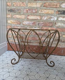 MID CENTURY WROUGHT IRON MAGAZINE BASKET 17"×12"× 14" h