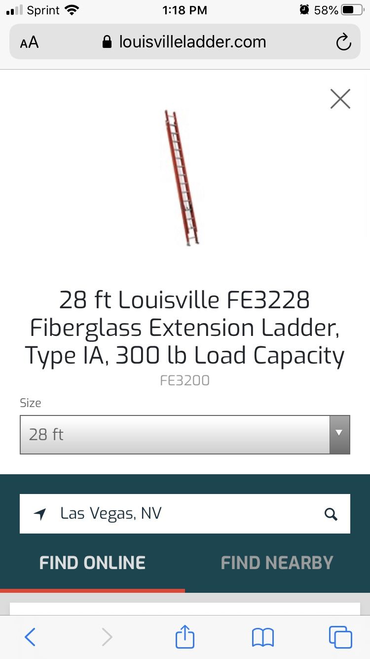 28 ft Louisville FE3228 Fiberglass Extension Ladder, Type IA, 300 lb Load Capacity