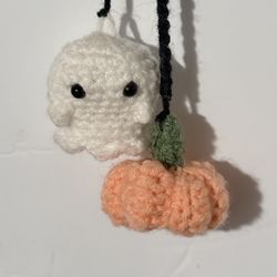 Halloween Decor - Handmade Crochet Ghost & Pumpkin Car Charm – Cute Halloween Rearview Mirror Decoration