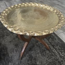 Mid-Century Modern Moroccan Brass Tray Table On Folding Spider Legs