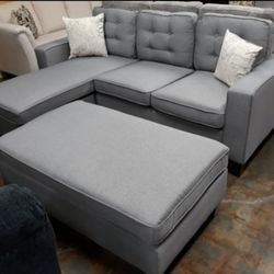 Brand New Light Grey Linen Sectional Sofa +Ottoman (New In Box) 