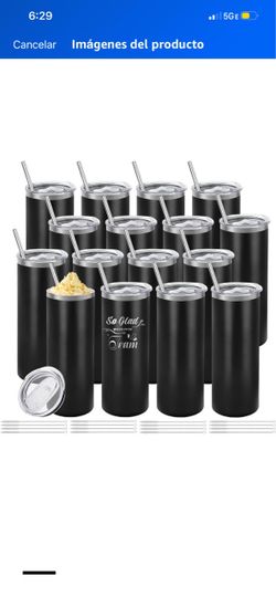 16 Pack Stainless Steel 20Oz Tumblers with Lid & Straw - Black Insulated Set