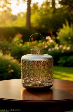 Silver Metal Moroccan Geometric Hanging Lantern Candle Holder, Pillar, Indoor Outdoor 12 ×14"
