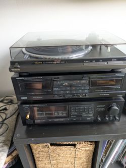 Technics Quartz Turntable SL-QD33, Onkyo Tuner Amplifier & Onkyo stereo double cassette tape deck RI