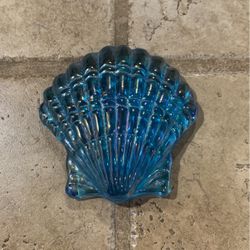 Clam Shell Iridescent Art Glass Paperweight Turquoise Blue Art Glass Seashell