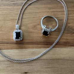 Sterling Silver, Black Onyx/Diam’ Pendant/chain, Ring Sz 6