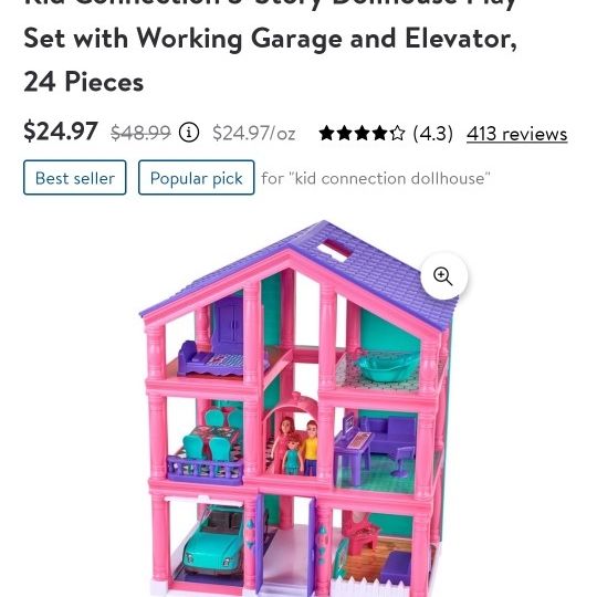 Kid Connection 3-Story Dollhouse Play Set with Working Garage and Elevator, 24 Pieces