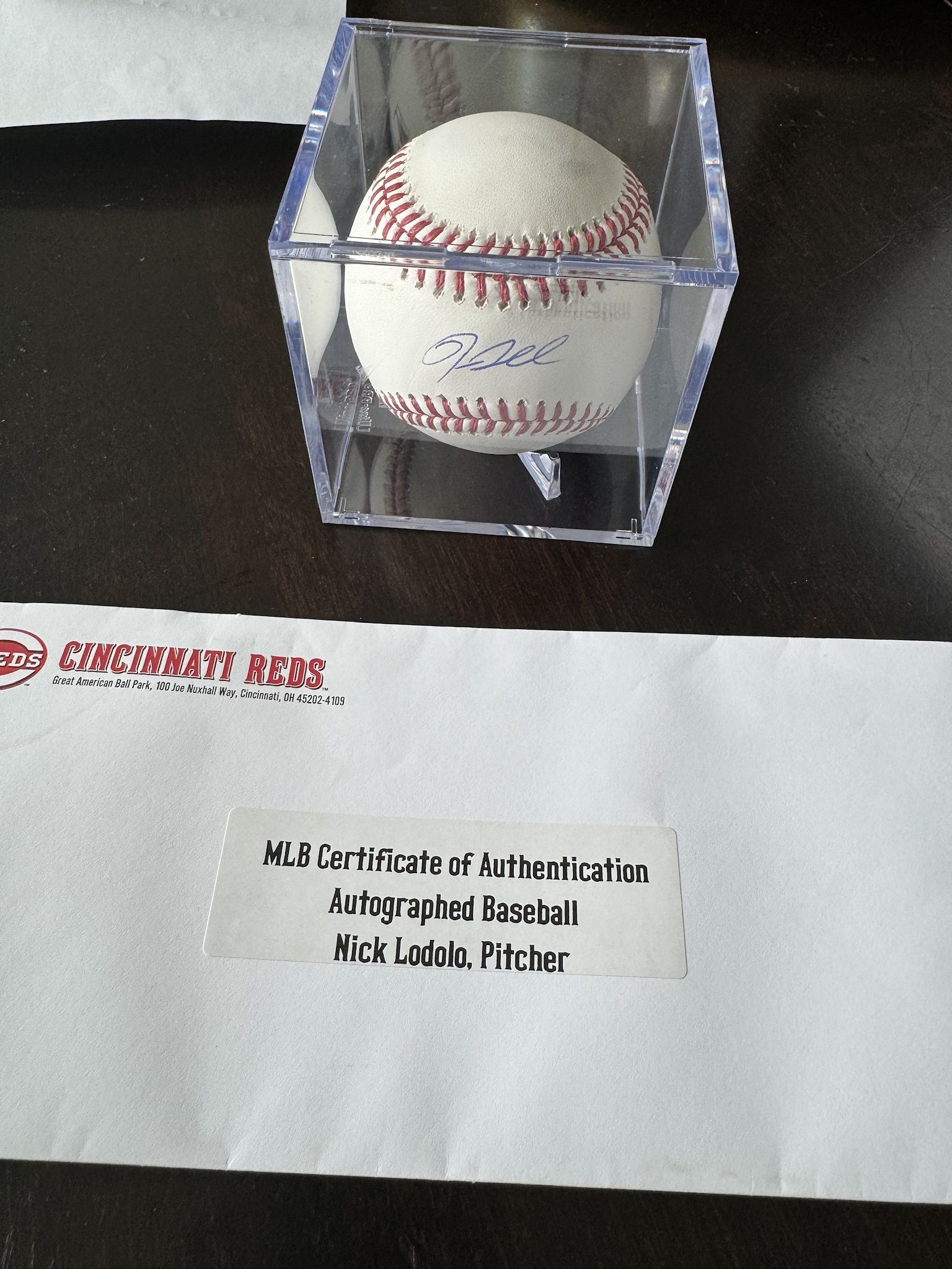 Cincinnati Reds Nick Lodolo Autographed MLB Baseball with Display Case and COA!