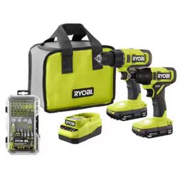 Ryobi Kit 18V Cordless 2-Tool Combo Kit with Drill/Driver, Impact Driver, (2) Batteries, Charger