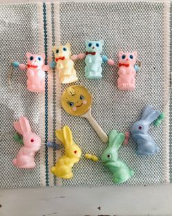 Vintage Celluloid Baby Rattles/crib Toy’s, Cats / kittens And Bunnies / bunny