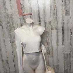 White One-Shoulder Crop Top Long Sleeve Size L