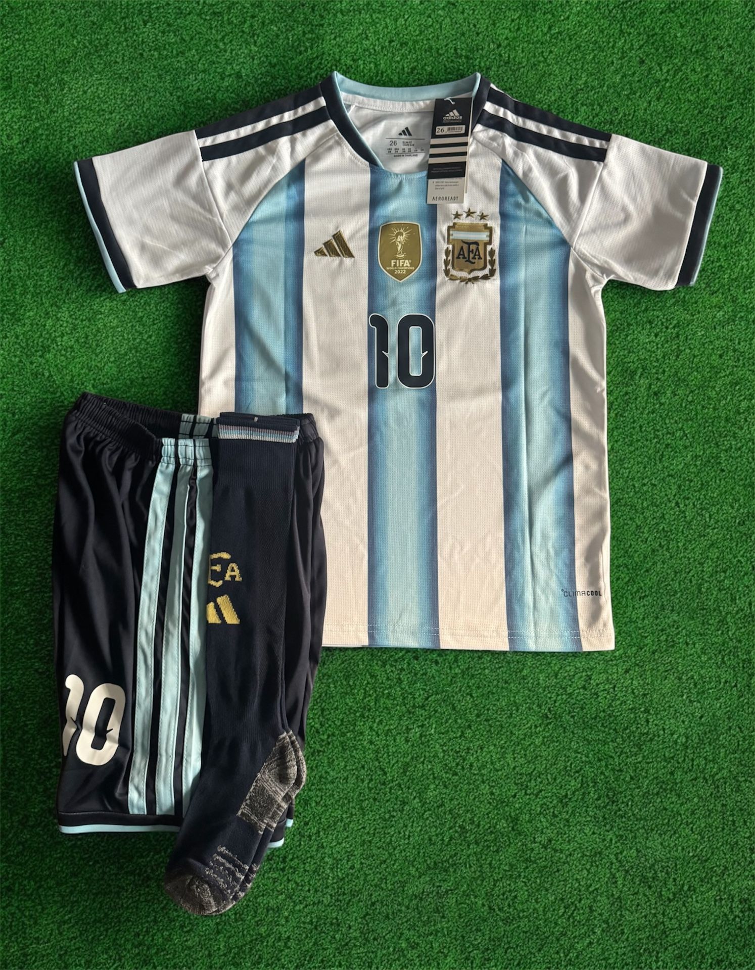 Argentina Messi 10 Kids Soccer Kit Jersey Shorts Socks