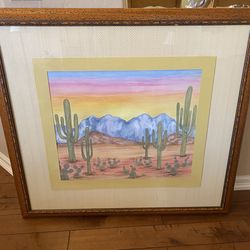 Saguaro cactus pastel artist signed drawing in huge 44x41 inch frame. . Southwest.