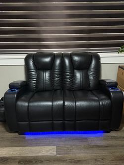Black Leather Power Recliner Loveseat with LED