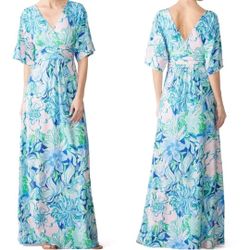 Lilly Pulitzer Parigi Maxi in Party Thyme Floral Stretch Jersey Dress Size Large