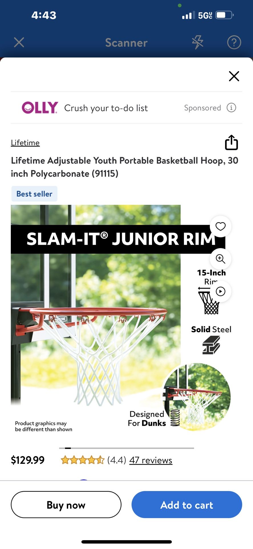 Lifetime Adjustable Youth Portable Basketball Hoop, 30 inch Polycarbonate (91115)